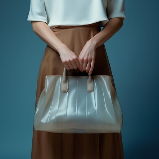 close-up photograph of a beautiful woman's perfect vulnerable hand and features is holding a sheer light blue pleated leather Birkin bag inspired by Junya Watanabe in front of a muted brown background minimalistic. soft overhead lighting. perfect details. Photo studio, environment v5