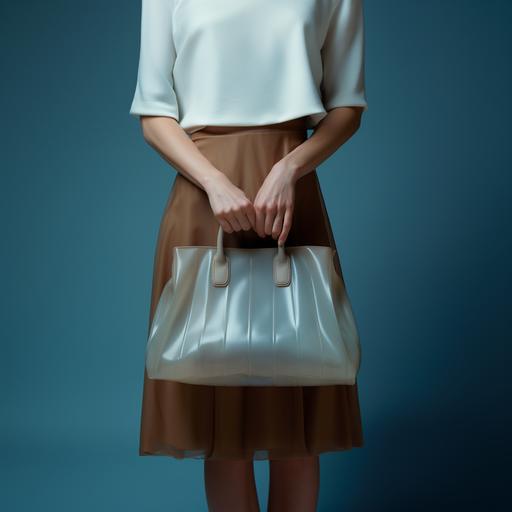 close-up photograph of a beautiful woman's perfect vulnerable hand and features is holding a sheer light blue pleated leather Birkin bag inspired by Junya Watanabe in front of a muted brown background minimalistic. soft overhead lighting. perfect details. Photo studio, environment v5