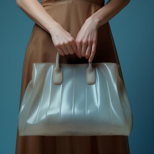 close-up photograph of a beautiful woman's perfect vulnerable hand and features is holding a sheer light blue pleated leather Birkin bag inspired by Junya Watanabe in front of a muted brown background minimalistic. soft overhead lighting. perfect details. Photo studio, environment v5