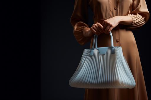 close-up photograph of a beautiful woman's perfect vulnerable hand and features is holding a sheer light blue pleated leather Birkin bag inspired by Junya Watanabe in front of a muted brown background minimalistic. soft overhead lighting. perfect details. Photo studio, environment v5