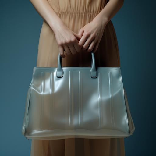 close-up photograph of a beautiful woman's perfect vulnerable hand and features is holding a sheer light blue pleated leather Birkin bag inspired by Junya Watanabe in front of a muted brown background minimalistic. soft overhead lighting. perfect details. Photo studio, environment v5