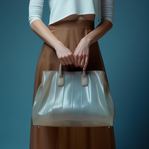 close-up photograph of a beautiful woman's perfect vulnerable hand and features is holding a sheer light blue pleated leather Birkin bag inspired by Junya Watanabe in front of a muted brown background minimalistic. soft overhead lighting. perfect details. Photo studio, environment v5