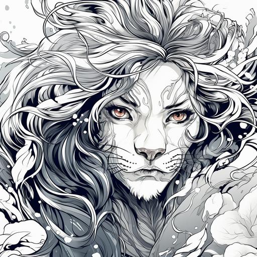 close-up portrait of a fantasy character of a lion with female eyes, black and white linear illustratinon, vector style, line art, hokusai drawing style