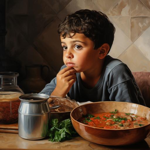 close up profile view of a 7-year-old middle eastern boy eating in the kitchen, arab boy, candid shot, young child eating, middle-eastern, eating stew, kitchen table, hyperreal, hyperrealism, hyper-realism, daytime, candid side view