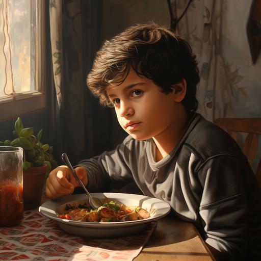 close up profile view of a 7-year-old middle eastern boy eating in the kitchen, arab boy, candid shot, young child eating, middle-eastern, eating stew, kitchen table, hyperreal, hyperrealism, hyper-realism, daytime, candid side view