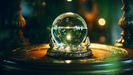close up shot of a clear Fortune teller crystal ball,in ancient times,real photography, fujifilm superia,full HD, taken on a Canon EOS R5 F1. 2 ISO100 35MM --ar 16:9