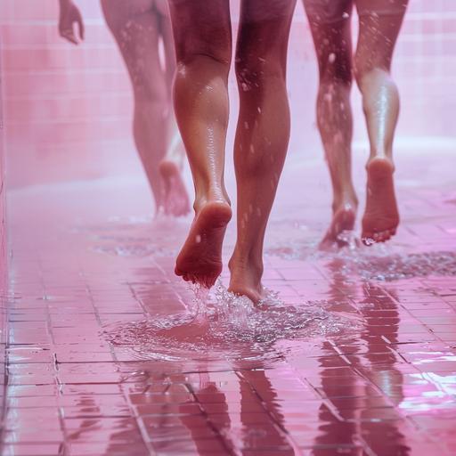 close-up shot of multiple wet feet running away from the camera in a bathhouse, wet floor, hazy air, humidity, pink and light aesthetic --v 6.0