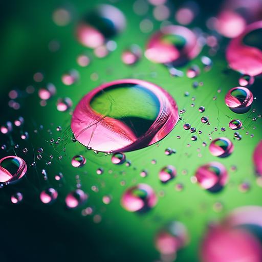 close-up shot of water drops on skin, pink and green lighting