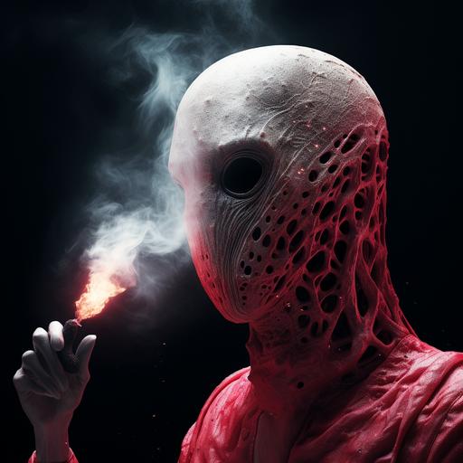 close up, side view of a no face alien holding a lit blunt with smoke wafting up, The smoke intricately forms the letters 