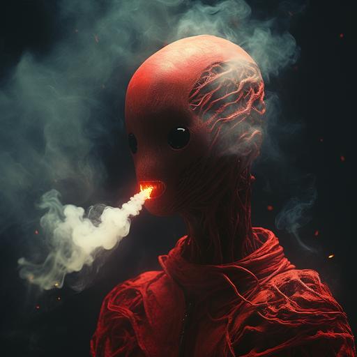 close up, side view of a no face alien holding a lit blunt with smoke wafting up, The smoke intricately forms the letters 