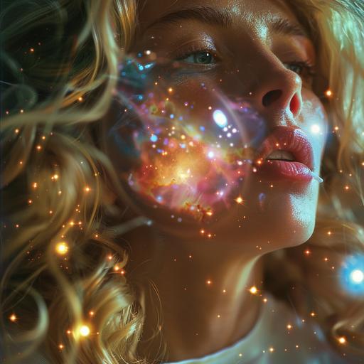 closeup, blonde beautiful woman blowing bubble gum bubble while nebulas and stars dance around her--s 750–v 6.0