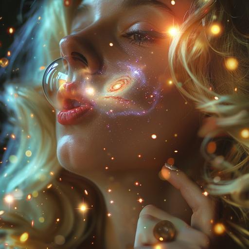closeup, blonde beautiful woman blowing bubble gum bubble while nebulas and stars dance around her--s 750–v 6.0