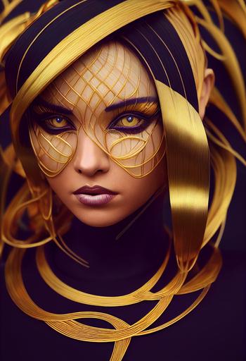 closeup glamour portrait of a futuristic artificial beautiful feline blonde cyborg woman, black and golden stripes, hair made of golden wires, fantasy, intricate, art nouveau, swirly intricate linework background by stanley artgerm lau, greg rutkowski, octane render hyperrealistic, + 8k + uhd + 3d + octane render + cinematic --upbeta --ar 2:3 --test --creative