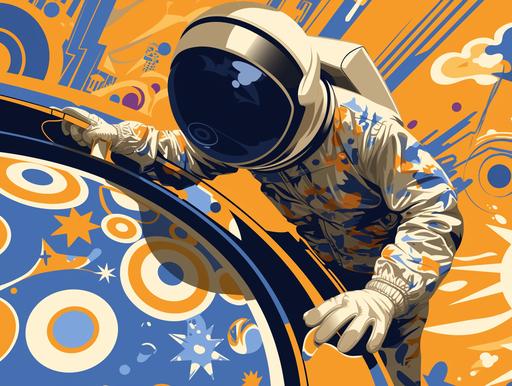 closeup, ground control, hyperloop hula hoop city with happy groovy cool skateboard major tom cartoon astronaut kid viewed from orbit, bold lines --ar 53:40 --niji 6 --s 500 --sref