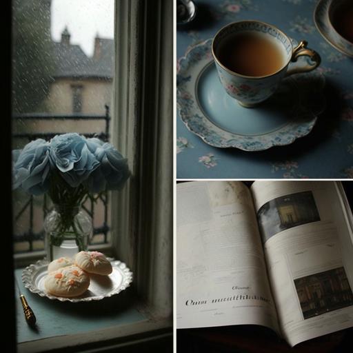 closeup of , vingette,beside window, inside,looking outside down on rainy Paris city street day, a newspaper, open book,plate of crossiants, small tarnished victorian silver tea pot, cup on table ,baroque pattern wallpaper, vase of sweet pea flowers, ,cozy feel, muted blue tones,soft amber reflected light, incredibly detailed, sharpen,beautiful pattern table cloth,, professional lighting, photography lighting, 50mm, Lightroom gallery --v 4 --s 250 --uplight