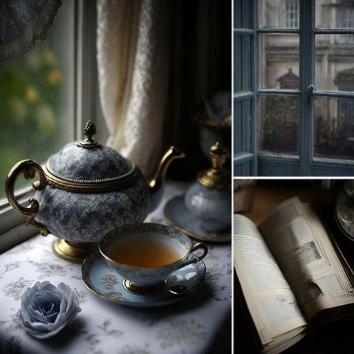 closeup of , vingette,beside window, inside,looking outside down on rainy Paris city street day, a newspaper, open book,plate of crossiants, small tarnished victorian silver tea pot, cup on table ,baroque pattern wallpaper, vase of sweet pea flowers, ,cozy feel, muted blue tones,soft amber reflected light, incredibly detailed, sharpen,beautiful pattern table cloth,, professional lighting, photography lighting, 50mm, Lightroom gallery --v 4 --s 250 --uplight