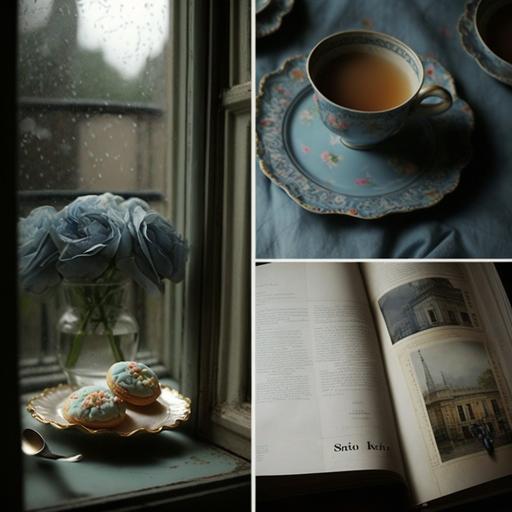 closeup of , vingette,beside window, inside,looking outside down on rainy Paris city street day, a newspaper, open book,plate of crossiants, small tarnished victorian silver tea pot, cup on table ,baroque pattern wallpaper, vase of sweet pea flowers, ,cozy feel, muted blue tones,soft amber reflected light, incredibly detailed, sharpen,beautiful pattern table cloth,, professional lighting, photography lighting, 50mm, Lightroom gallery --v 4 --s 250 --uplight