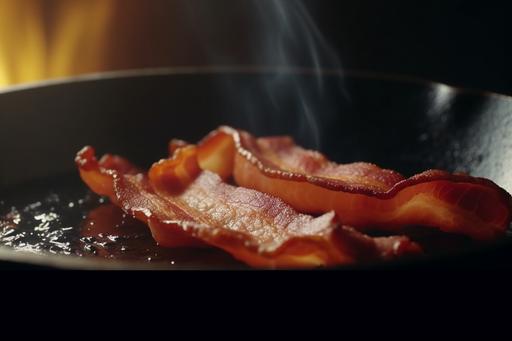 closeup of bacon cooking in a cast iron pan, cinematic lighting, sizzling bacon, yummy, delicious, rendered fat --v 5 --ar 3:2