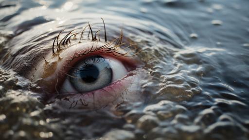 closeup of dead looking eyes emerging from the sea, photo realistic, hyper real, cinematic --ar 16:9