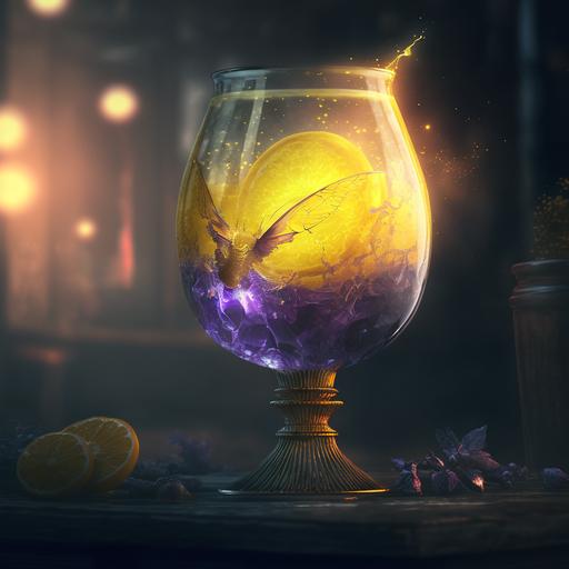 closeup of fantastical glass containing a glowing yellow drink and a purple lemon garnish sitting on a bar, the sun reflects off the subtle yellow pixie dust in the air, cute, magical, toxic --v 4