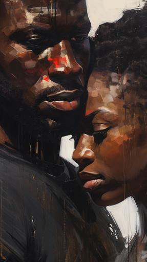 closeup of heavily muscled black man and woman, oil painting, palette kinfe technique, rough, thick painting, expressive, --ar 9:16