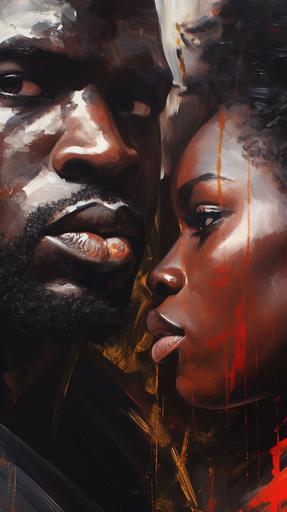 closeup of heavily muscled black man and woman, oil painting, palette kinfe technique, rough, thick painting, expressive, --ar 9:16