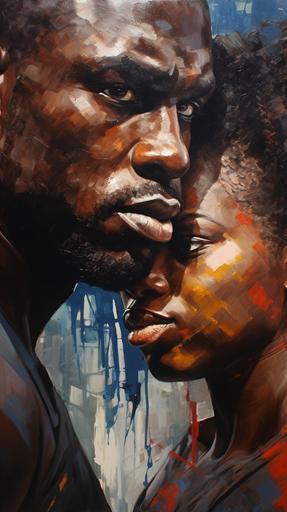 closeup of heavily muscled black man and woman, oil painting, palette kinfe technique, rough, thick painting, expressive, --ar 9:16