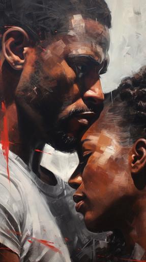 closeup of heavily muscled black man and woman, oil painting, palette kinfe technique, rough, thick painting, expressive, --ar 9:16