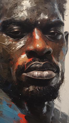 closeup of heavily muscled black man, oil painting, palette kinfe technique, rough, thick painting, expressive, --ar 9:16