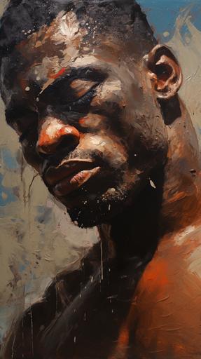 closeup of heavily muscled black man, oil painting, palette kinfe technique, rough, thick painting, expressive, --ar 9:16