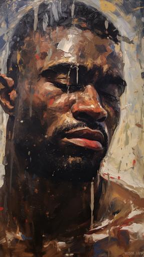 closeup of heavily muscled black man, oil painting, palette kinfe technique, rough, thick painting, expressive, --ar 9:16