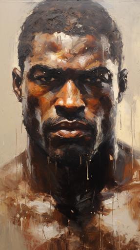 closeup of heavily muscled black man, oil painting, palette kinfe technique, rough, thick painting, expressive, --ar 9:16