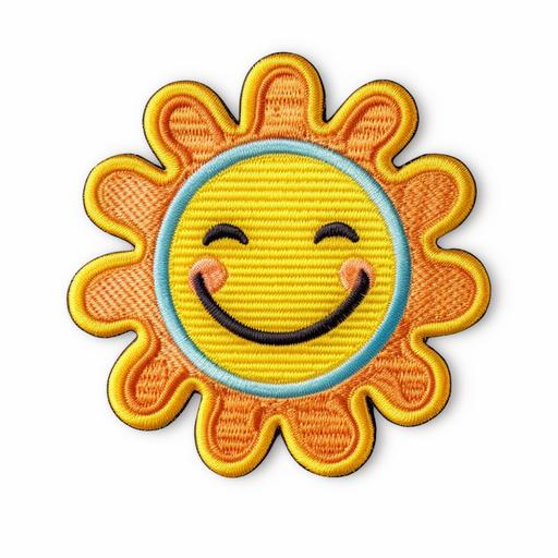 cloud shaped woven patch with a happy smiling sun cartoon character