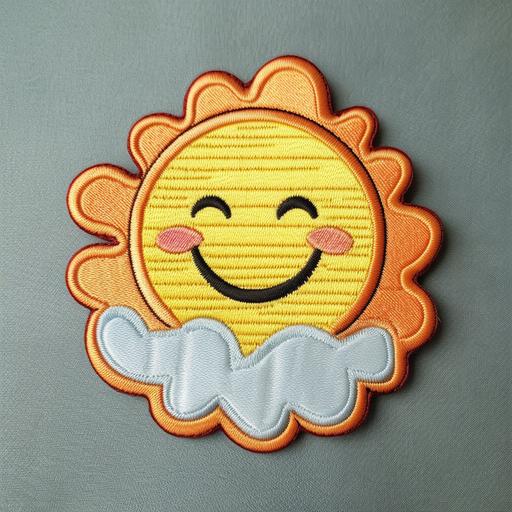 cloud shaped woven patch with a happy smiling sun cartoon character