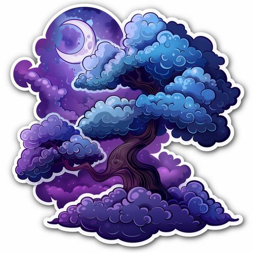 clouded clouds with moon sticker, in the style of cosmic fantasy, colored cartoon style, dark purple and blue, multilayered dimensions, religious iconography, ethereal trees, high-contrast shading