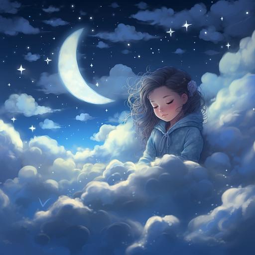 clouds, cartoon, night, starry sky, girl, snowflakes, warmth, sleep