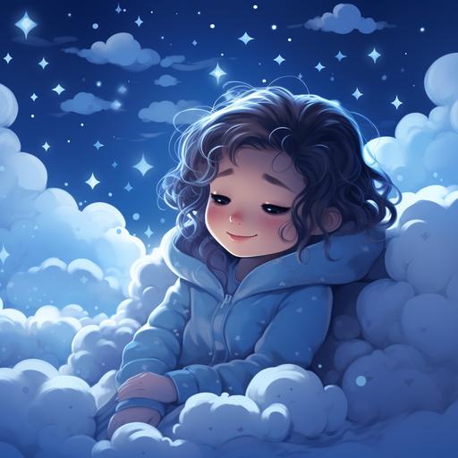clouds, cartoon, night, starry sky, girl, snowflakes, warmth, sleep