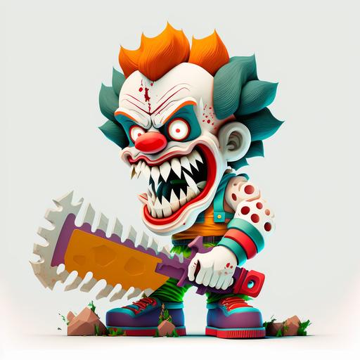 clown with chainsaw, 2 dimensional, cartoon styled, white background --ar 1:1