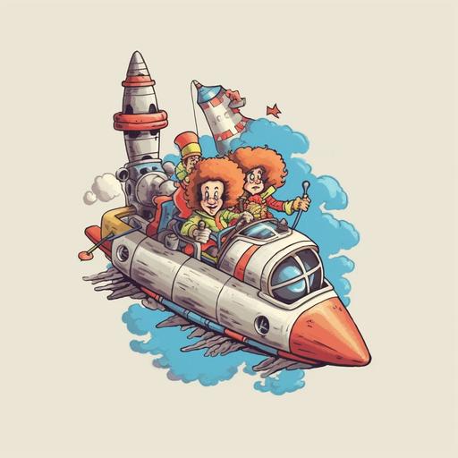 clowns on a rocket ship, 80's cartoon, white background, vintage shirt