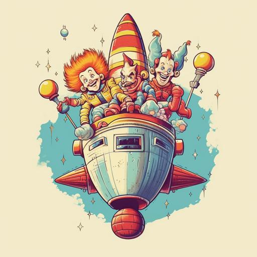 clowns on a rocket ship, 80's cartoon, white background, vintage shirt