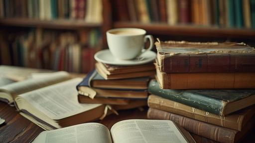 club de lectura con pilas de libros y una taza de cafe humeante --ar 16:9 --v 6.0