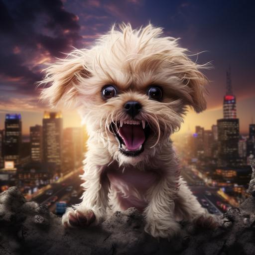 clueless angry cute poddle dog, rabbies, scary and dramatic lighting, city background, detailed expression,