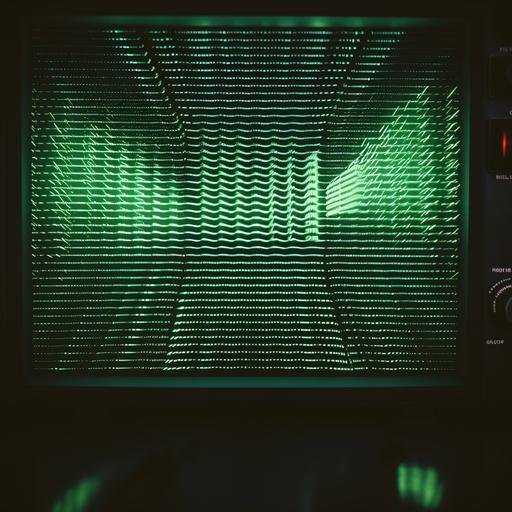 close up of a simplistic sinewave on an analog tube TV 1970s black and green retro shot on film with grain