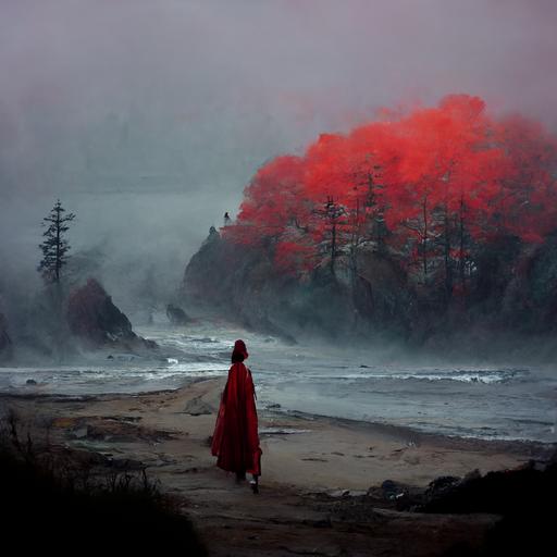 coastal foggy beach with cliffs and pine trees disappearing into the fog with a female figure in a red robe taking her hood off to see her tightly curled hair spilling over her shoulders