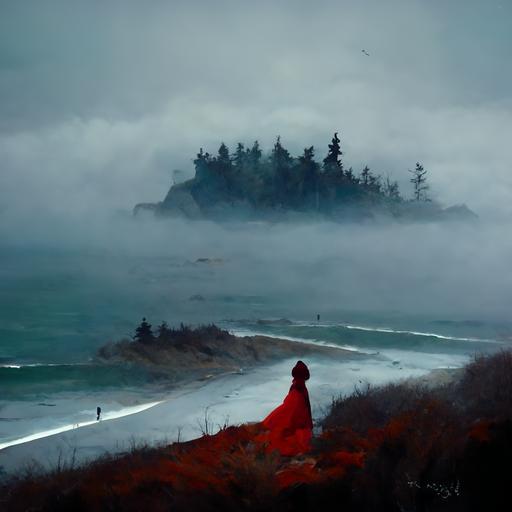 coastal foggy beach with cliffs and pine trees disappearing into the fog with a female figure in a red robe taking her hood off to see her tightly curled hair spilling over her shoulders --uplight