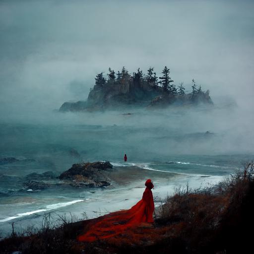 coastal foggy beach with cliffs and pine trees disappearing into the fog with a female figure in a red robe taking her hood off to see her tightly curled hair spilling over her shoulders
