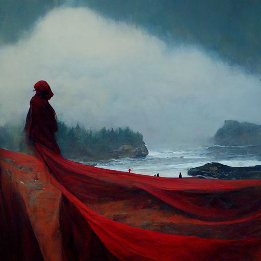 coastal foggy beach with cliffs and pine trees disappearing into the fog with a female figure in a red robe taking her hood off to see her tightly curled hair spilling over her shoulders oil painting --uplight