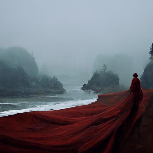 coastal foggy beach with cliffs and pine trees disappearing into the fog with a female figure in a red robe taking her hood off to see her tightly curled hair spilling over her shoulders --uplight