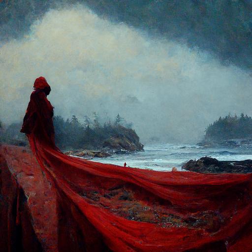 coastal foggy beach with cliffs and pine trees disappearing into the fog with a female figure in a red robe taking her hood off to see her tightly curled hair spilling over her shoulders oil painting