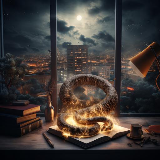 cobra snake attack round small city mockup on old book at vantage office with warm light vantage room with window view night stars clear with flight attack city fire explosion cinematic color fog ratio concept on a book at vantage table with warm light at vantage office with window view clear night with stars atomic bomb cinematic camera fog atomospher
